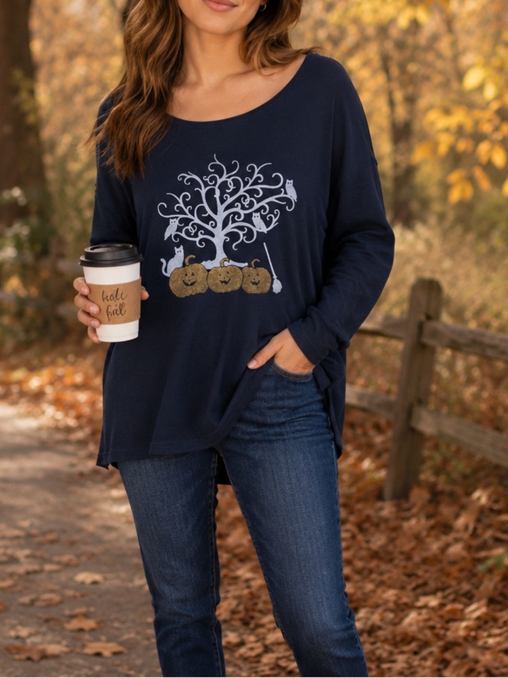Fall Halloween Blue Graphic Print Pumpkin Cats Soft Knit Long Sleeve Top Size 3X